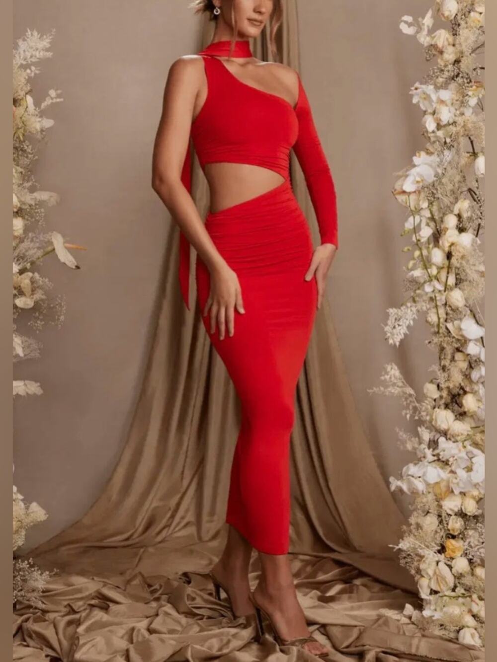 Oh Polly Adoria Single Sleeve Red Cutout Midi Maxi Dress US 6